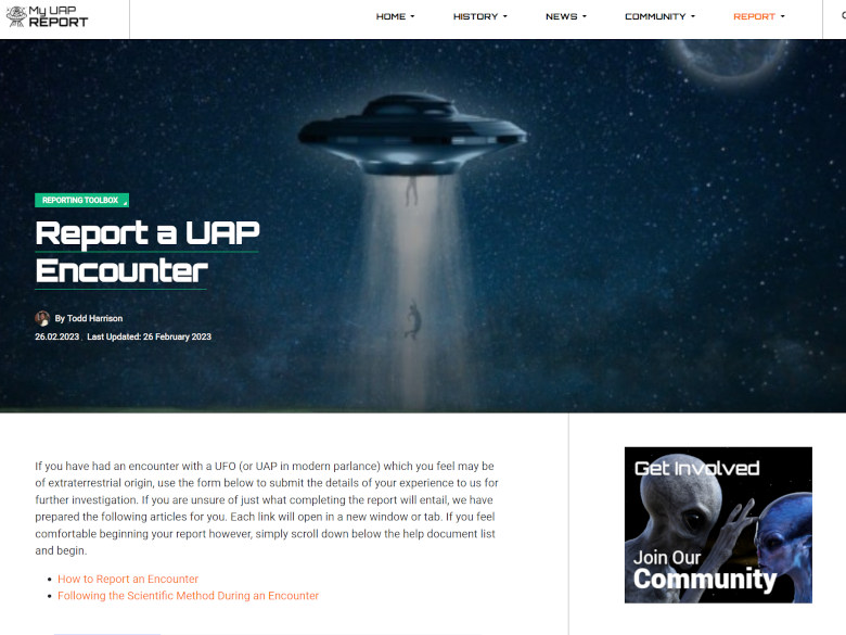 Screenshot of the experiencer reporting form on the MyUAP Report website.