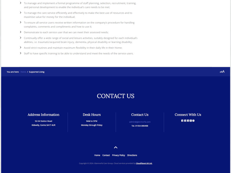 Screenshot of the footer and contact links on the Glanmorfa Care Home website.