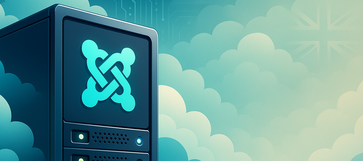 Stylised Joomla! logo inside a cloud on a technical background.