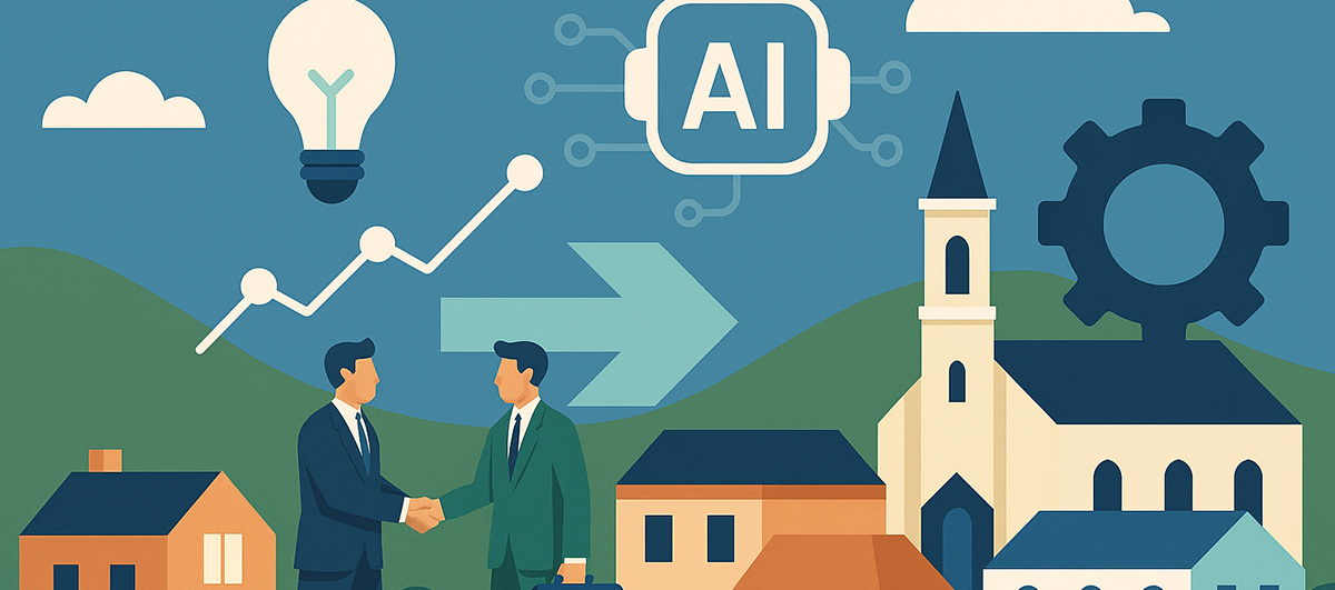 Illustration of two businesspeople shaking hands in a Welsh village setting, with rolling green hills, traditional stone buildings, a chapel spire, and icons representing AI, innovation, and growth.